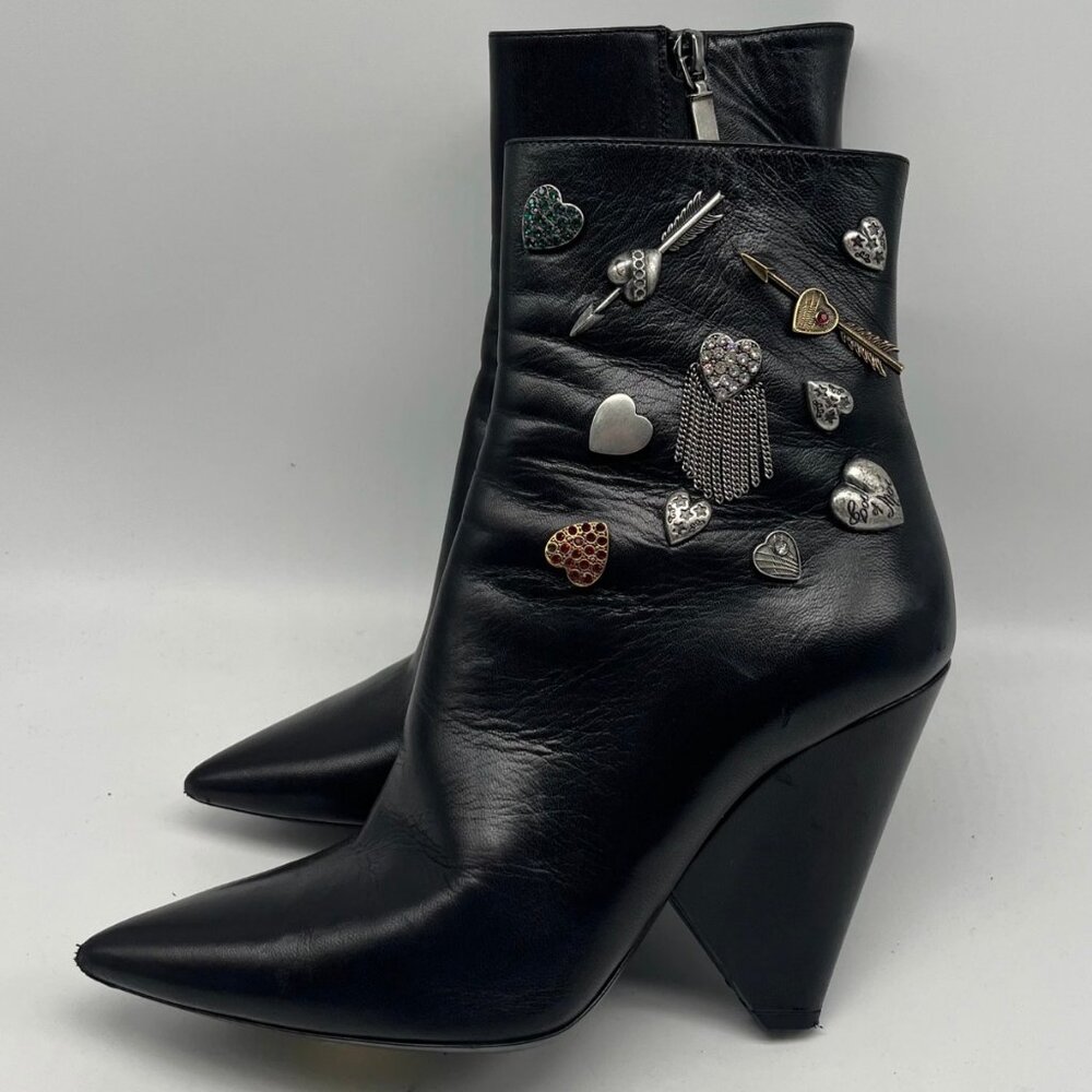 Saint Laurent Black Leather Charm Embellished Mid-Calf Bootie sz 38.5